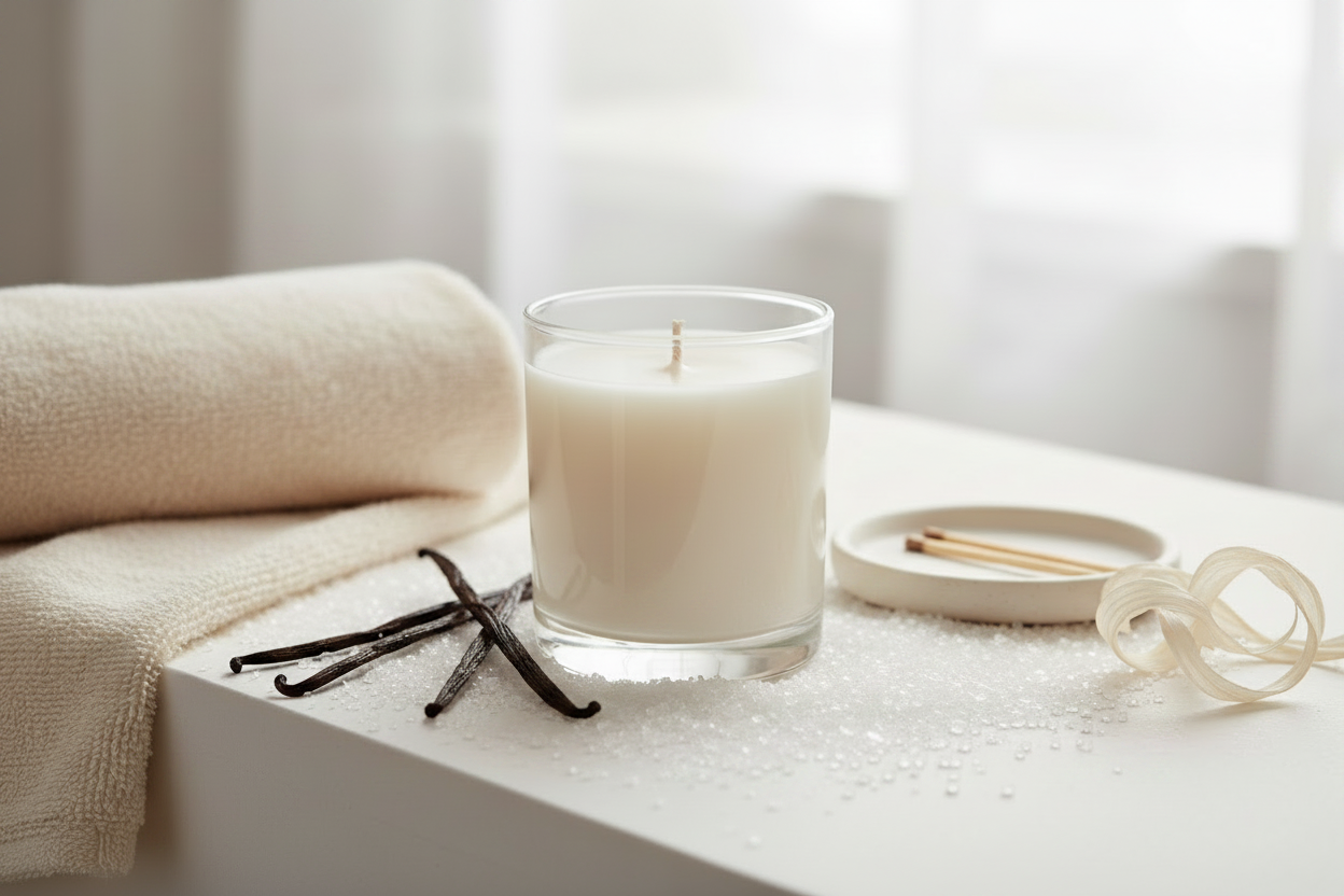 Vanilla Bean candle in clear glass vessel with cotton wick, vanilla beans and sugar crystals