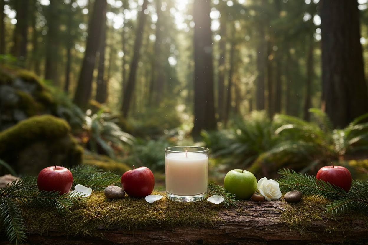 Fraser Fir and Crisp Apple candle in clear glass vessel set in a Pacific Northwest forest with red apples and fir branches