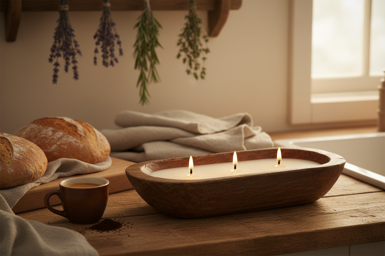 Dark wooden dough bowl candle with three short wicks in a cozy Pottery Barn cottage kitchen with espresso cup and coffee grounds